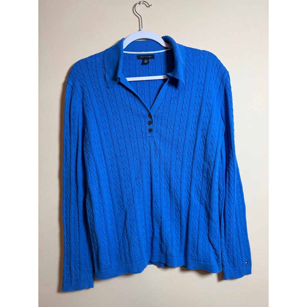 Tommy Hilfiger Blue Cable Knit Polo Sweater Long Sleeve Cotton Top Womens XL